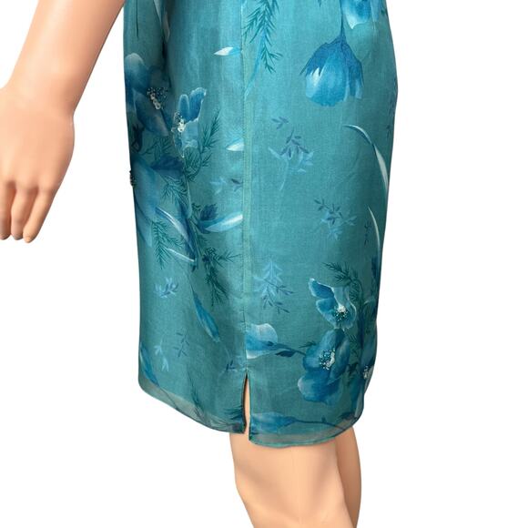 Vintage 90s Liz Claiborne 100% Silk Chiffon Dress Sz 6P Teal Floral Embellished - Picture 9 of 16
